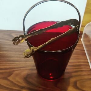Elegant Red Glass Ice Bucket with Tongs